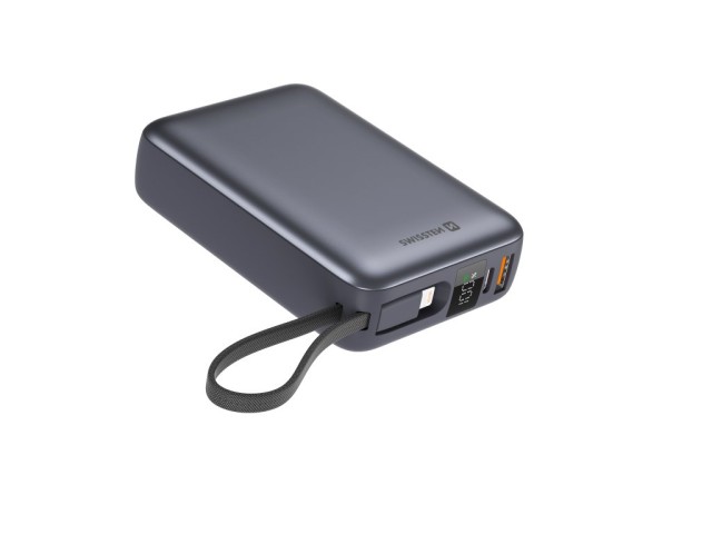 SWISSTEN Φορητός Φορτιστής 20,000 mAh με Ενσωματωμένα Καλώδια USB-C και Lightning, Διαστημικό Ασημί 8595217490598