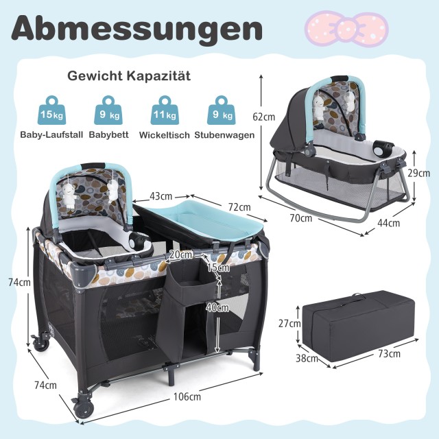 Costway Φορητό Πτυσσόμενο Παρκοκρέβατο & Λίκνο Μωρού με Αλλαξιέρα, Μουσικό Εκπαιδευτικό Παιχνίδι - Μπλε BE10051BL