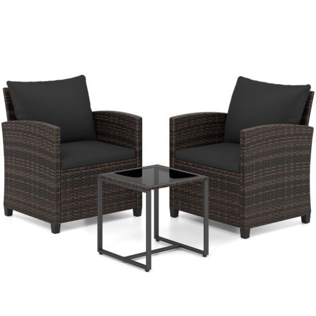 Costway Σετ Επίπλων Κήπου 3 Τεμαχίων με 2 Πολυθρόνες, Τραπέζι με Γυάλινη Επιφάνεια, Μεταλλικό Σκελετό και Μαξιλάρια, Μαύρο NP13119DK