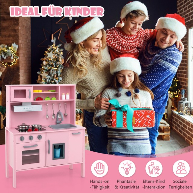Costway Ξύλινη Παιδική Κουζίνα με Φούρνο Μικροκυμάτων 72 x 30 x 90 cm Ροζ TP10125PI