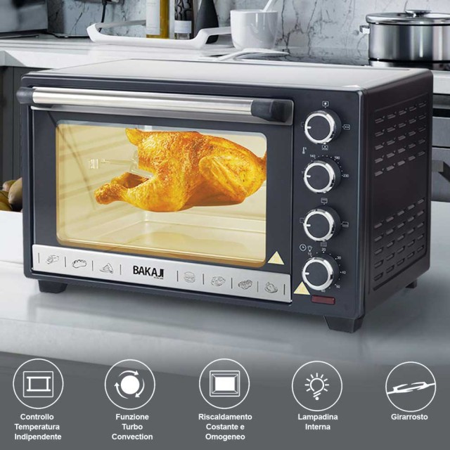 BAKAJI Forno Fornetto Ηλεκτρικός Φούρνος Αέρα 30L 1600W με Εσωτερικό Φωτισμό, Χρονοδιακόπτη και Γυριστήρι 02839789