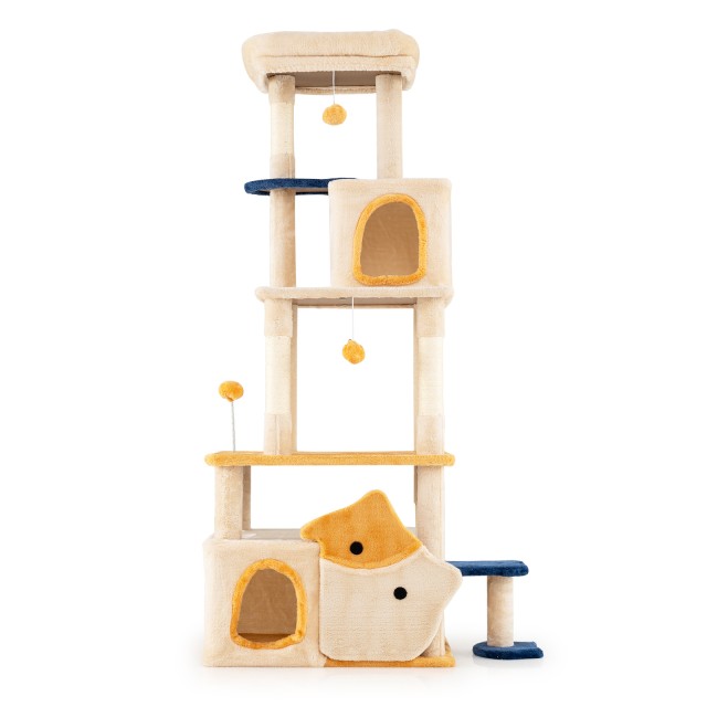 Costway Μεγάλο Ξύλινο Δέντρο Γρατζουνίσματος με Σχέδιο Ψάρι για Γάτες - Μπεζ PV10421YE