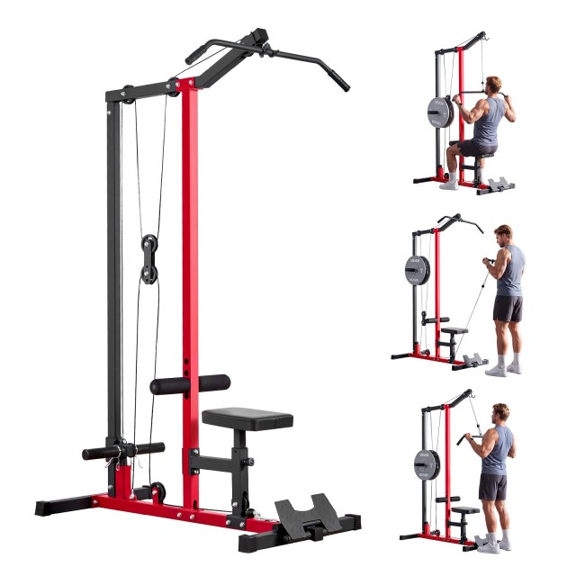 VEVOR Πολυμηχάνημα LAT Pull Down & Κωπηλατική, Ρυθμιζόμενο Κάθισμα & Ρολλό, Φόρτωση 227kg, Μαύρο-Κόκκινο EHYXLJLDSGLPGHTTT001V0