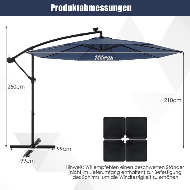 Costway Ηλιακή Ομπρέλα Κρεμαστή 300 x 250 εκ. με Φωτισμό LED και Ρυθμιζόμενη Κλίση NP11556NY