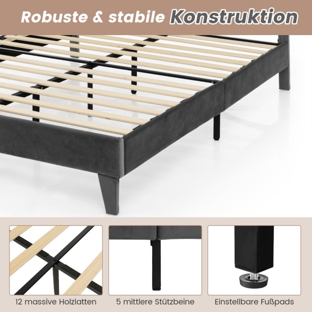 Costway Διπλό Υφασμάτινο Κρεβάτι 200 x 140 cm με Σκελετό & Επενδυμένο Κεφαλάρι Γκρι HU10380GR-D