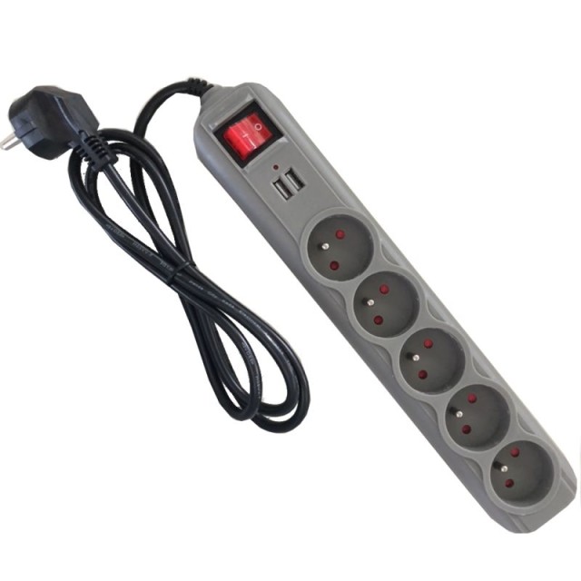 Πολύπριζο με 5 Υποδοχές + 2 Θύρες USB & Καλώδιο 1,5m Γκρι KD-4033