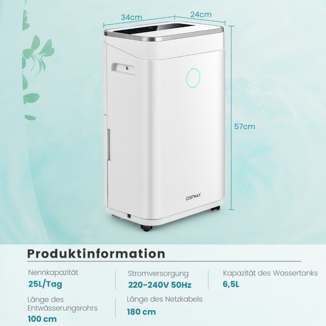 Costway  Αφυγραντήρας με δεξαμενή νερού 6,5 L για έως 30 ㎡ 25 L/ημέρα ES10367DE-WH