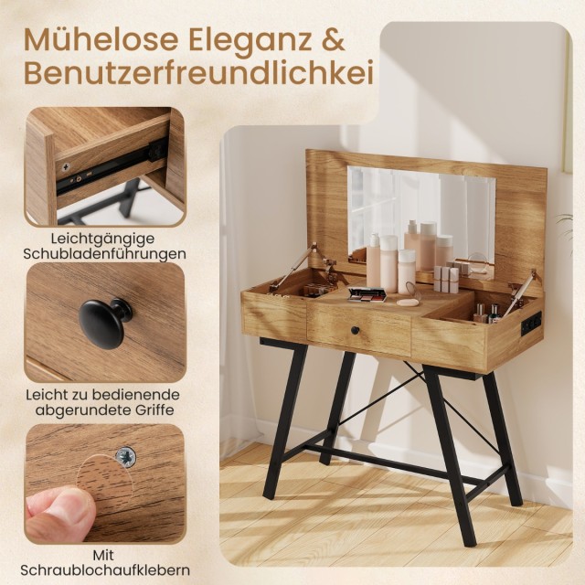 Costway Καλλυντικό Τραπέζι  96.5 × 46.5 × 80.5 εκ  με Μεγάλο Καθρέφτη, Φορτιστή και Συρτάρι Ξύλο HU11085DE-NA