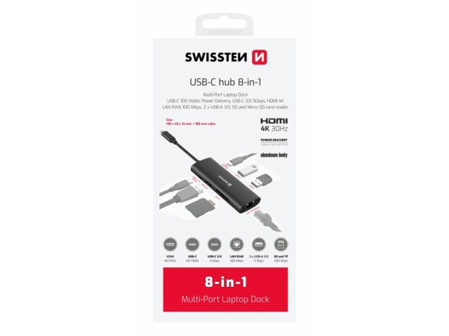 SWISSTEN USB-C Hub 8-in-1 (USB-C 100W, HDMI 4K, LAN RJ45, 2x USB-A, 1x USB-C 5Gbps, SD, MICRO SD), Αλουμινένια Κατασκευή 8595217487369