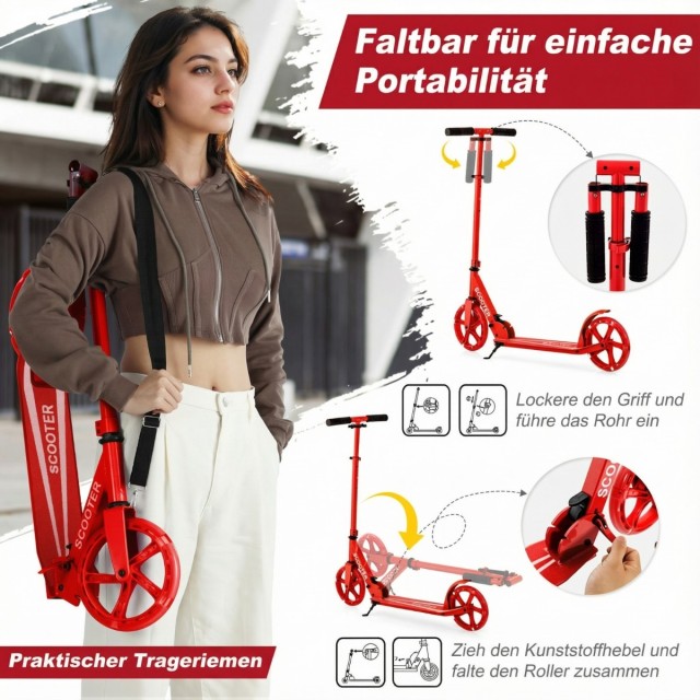 Costway Αναδιπλούμενο πατίνι με 2 τροχούς LED, ρυθμιζόμενο ύψος, έως 100 κιλά, κόκκινο, 96 x 35 x 88 cm SP38153RE