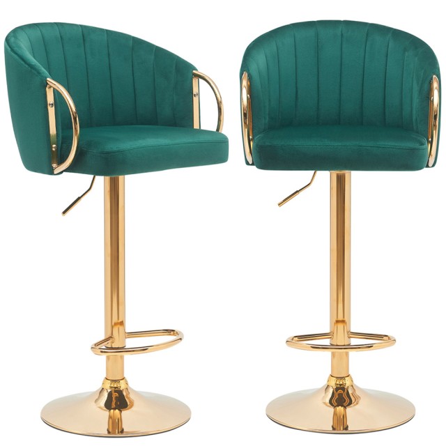 BAKAJI Σετ 2 Σκαμπό Κουζίνας Ρυθμιζόμενου Ύψους σε Πράσινο Βελούδο και Χρυσή Δομή 02840769