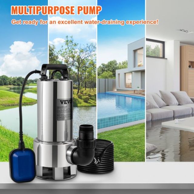 Αντλία Νερού VEVOR 1300W, 20000L/H, με 10μ Καλώδιο και Αυτόματο Φλοτέρ, Ανοξείδωτο Ατσάλι & Χυτοσίδηρο για Καθαρό/Βρώμικο Νερό WSBB175HP220V7VE3V2