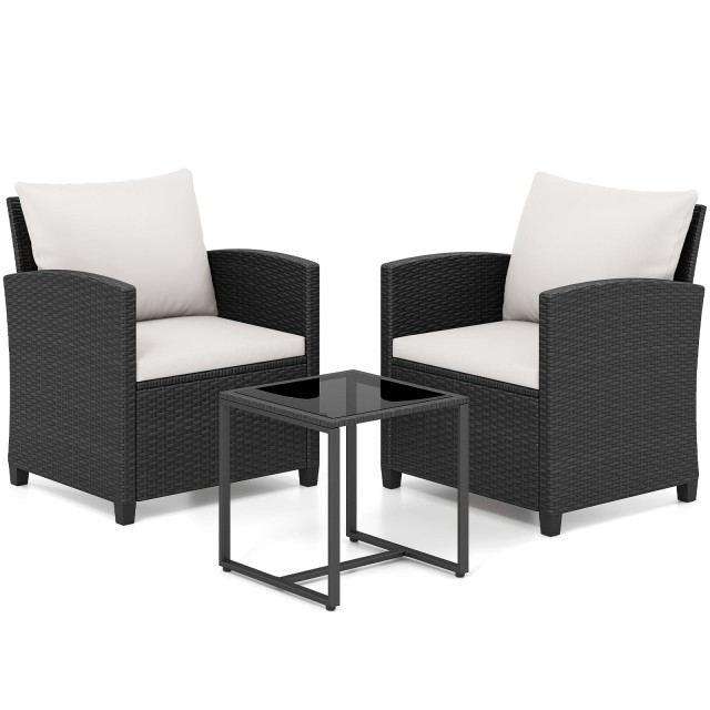 Costway Σετ κήπου από ρατάν με 2 καρέκλες, μαξιλάρια και γυάλινο τραπέζι, μπεζ NP13173MS