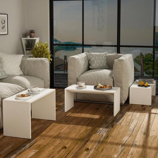 BAKAJI Σετ Τραπεζάκια Σαλονιού 3τμχ Ορθογώνια Λευκό Ξύλο Μοντέρνου Σχεδιασμού 02813657