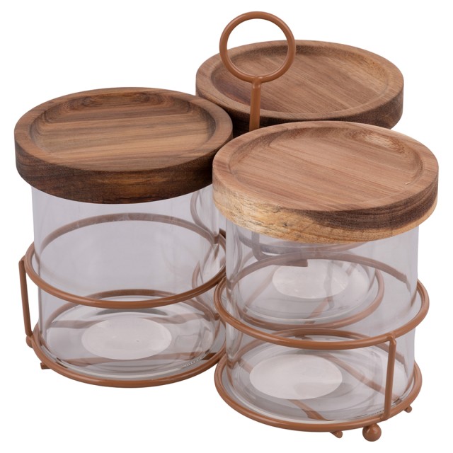 Villa DEste  Σετ 3 βάζα 390 ml από βοροπυριτικό γυαλί καπάκι από ξύλο ακακίας και βάση από σίδερο Natural 5921312