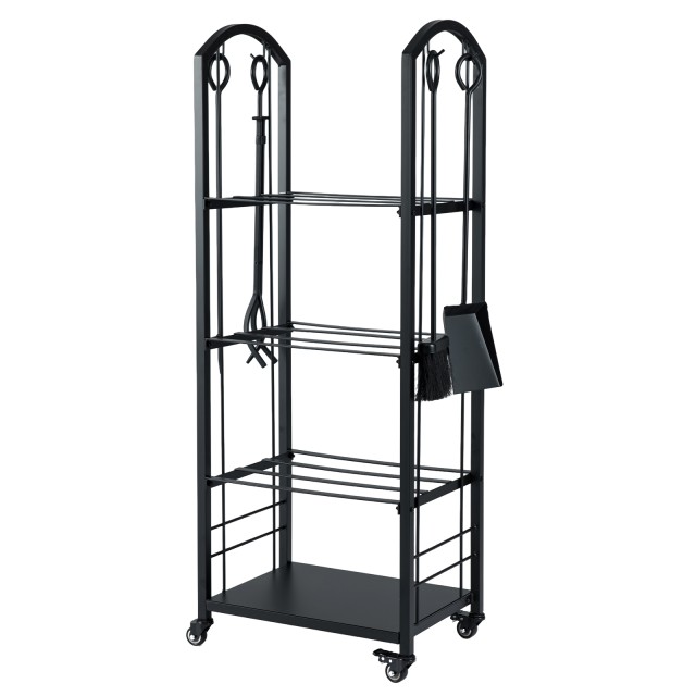 Costway Τετράροφη Κινητή Ξυλοθήκη από Μέταλλο & Ξύλο με Λαβίδα για Εσωτερικούς και Εξωτερικούς Χώρους - Μαύρη TA10097