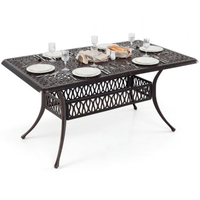 Costway Τραπέζι κήπου από χυτό αλουμίνιο με οπή ομπρέλας, ανθεκτικό στις καιρικές συνθήκες, 151 x 91 εκ. NP12744WN