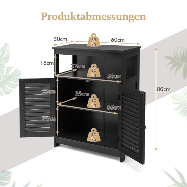 Costway Απλός και κομψός ντουλάπι μπάνιου με ρυθμιζόμενο ράφι και μεγάλη αποθήκευση HW65847BK