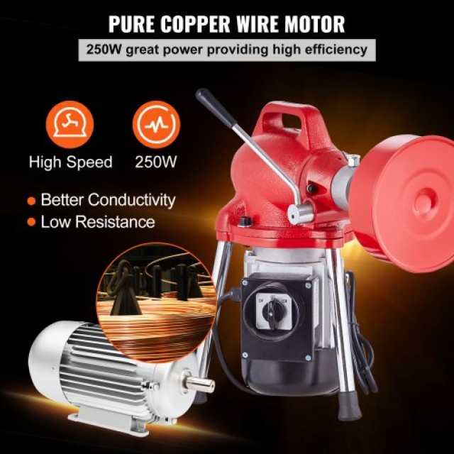 VEVOR Μηχανή Καθαρισμού Αποχέτευσης 20m x 16mm 250W Χειροκίνητη Τροφοδοσία XXFDGDSTJ250OF30KV2