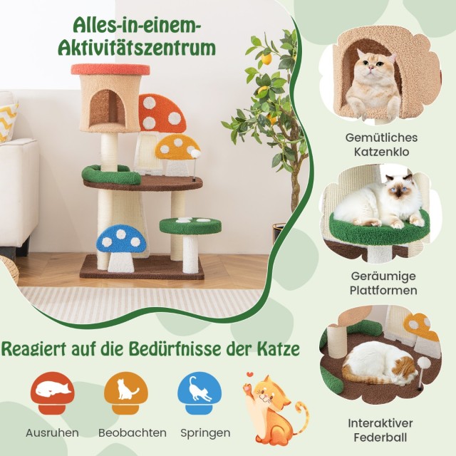 Costway Γατόδεντρο σε Σχήμα Μανιταριού με Σπιτάκι & Σιζάλ Επιφάνεια & Μπάλα Παιχνιδιού 59 x 48 x 102 cm PV10124CL