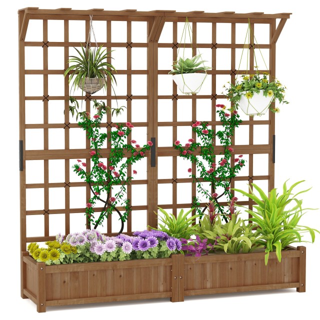 Costway Ζαρντινιέρα από ξύλο έλατου με πέργκολα και στέγαστρο, καφέ, 183 x 48 x 180 cm GT4347CF