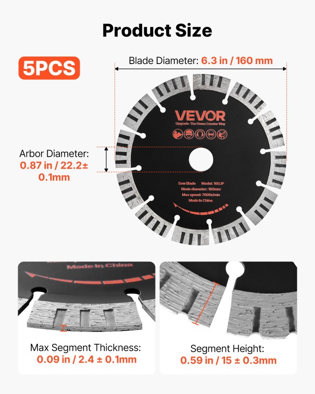 VEVOR Διαμαντοδίσκοι 160 mm 5 τμχ για Wall Chaser, Φ22,2 mm, για Ξηρή/Υγρή Κοπή HNTJDP160MM0CNCGN001V0
