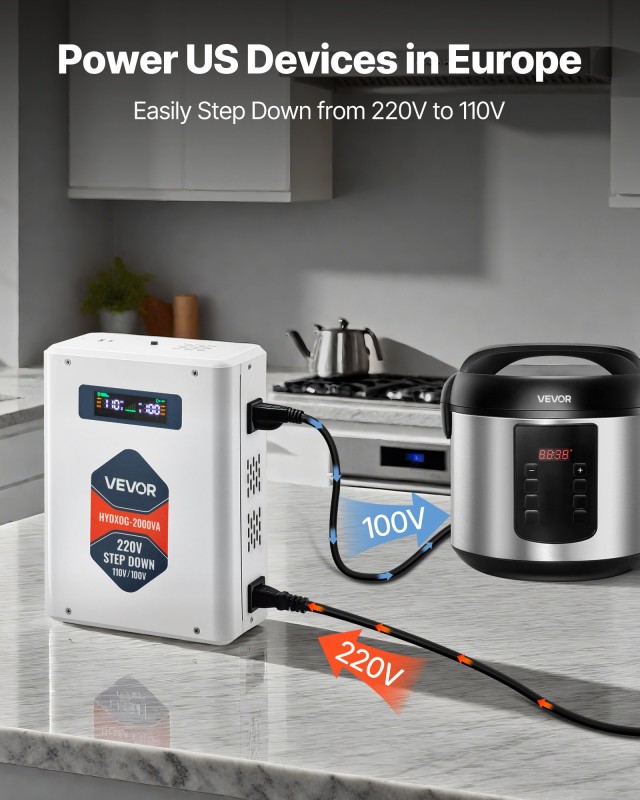 VEVOR Μετασχηματιστής Τάσης 2000VA, 220V σε 110V, 2 Αμερικάνικες Πρίζες DXDYZHQJY110IDWO5001V7