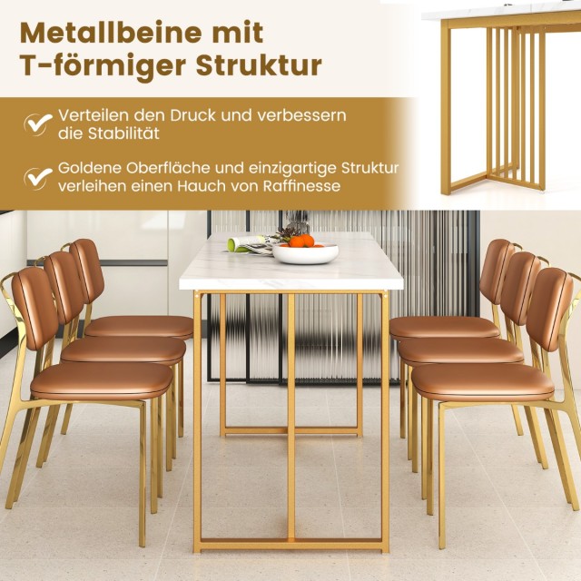 Costway Τραπέζι τραπεζαρίας ξύλινο 160 x 60 cm ορθογώνιο τραπέζι κουζίνας με όψη μαρμάρου & μεταλλικά πόδια λευκό + χρυσό KC56958WH