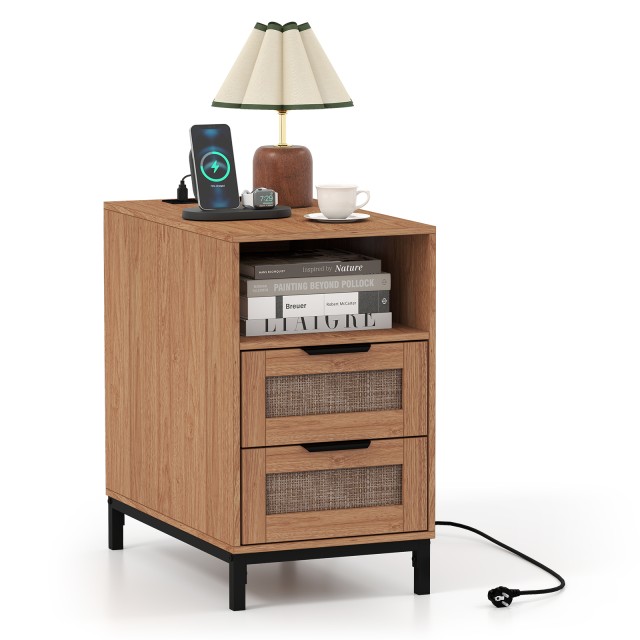 Costway Τραπέζι με Σταθμό Φόρτισης & 2 Συρτάρια Κομοδίνο από Ρατάν & Ξύλο, Φυσικό Σαλόνι 61 εκ. x 60 εκ. x 35 εκ. JV13070DE-NA