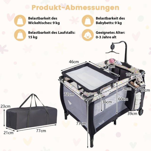Costway Πολυλειτουργικό Παιδικό Κρεβάτι Ταξιδιού 3-σε-1 με Αλλαξιέρα και Πάρκο Παιχνιδιού BE10048DE-CL