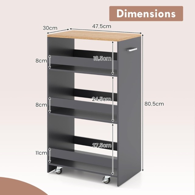 Costway 30εκ Πλάτος Τρόλεϊ Κουζίνας με Λαβή & Ράγες 4 Επιπέδων Γκρι 80,5εκ x 47,5εκ x 30εκ JV13257GR