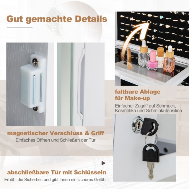 Costway Λευκή Ντουλάπα Κοσμημάτων με Καθρέφτη και Ρυθμιζόμενα LED Φώτα 54,5 x 54,5 x 160 εκ. JV11246DE-WH