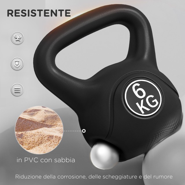 HOMCOM Kettlebell 6kg από Πλαστικό και Άμμο με Επίπεδη Βάση και Λαβή 20x13x22 cm Μαύρο A91-076V05BK