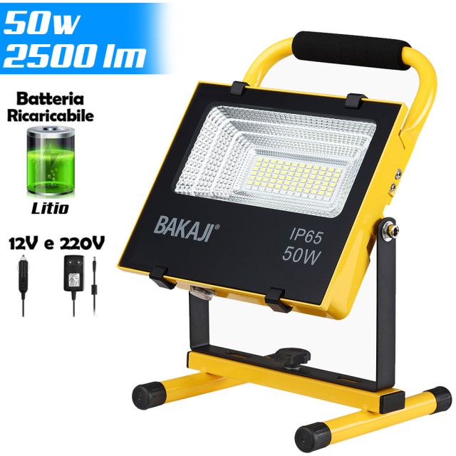 BAKAJI Φορητός Προβολέας Εργασίας LED 50W, 2500Lm, Μπαταρία Λιθίου, Φακός Έκτακτης Ανάγκης 02833081