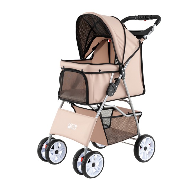 Costway Πτυσσόμενο καρότσι κατοικιδίων με αναπνεύσιμο δίχτυ, αδιάβροχο κάλυμμα και τροχούς παντός εδάφους, μπεζ, 102 x 48 x 80 cm PW10135MS