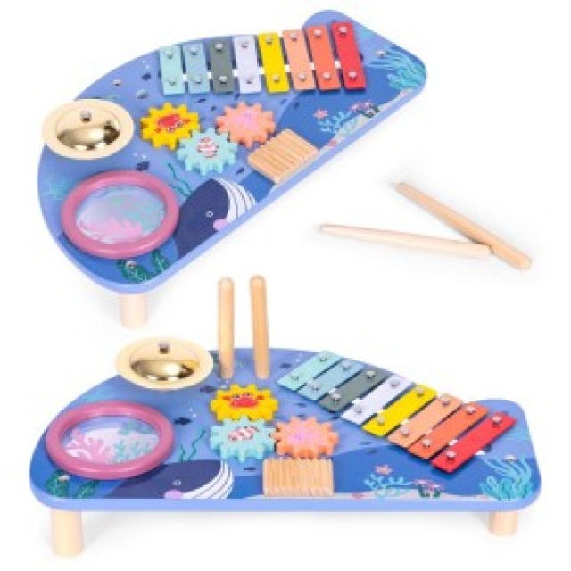 ECOTOYS Τραπέζι με μουσικά όργανα, ξυλόφωνο κύμβαλo τσέκα θαλάσσιο μοτίβο TL204013