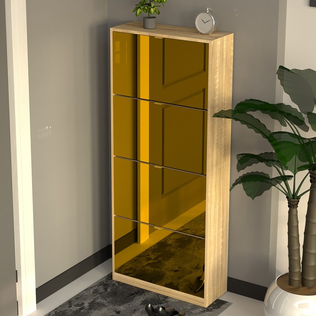 BAKAJI Καφέ Στενή Παπουτσοθήκη με 4 Πόρτες Καθρέφτη και Εξοικονόμηση Χώρου με Λαβή 63x24x150εκ 02842907