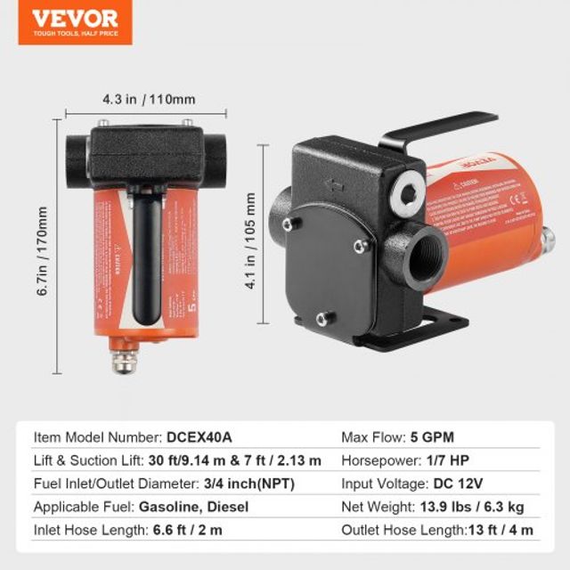 VEVOR Αντλία Μεταφοράς Καυσίμου 12V 5 GPM 1/7 HP με Αυτόματο Ακροφύσιο Πετρελαίου FBBMG37GPM11Y1A3HV9