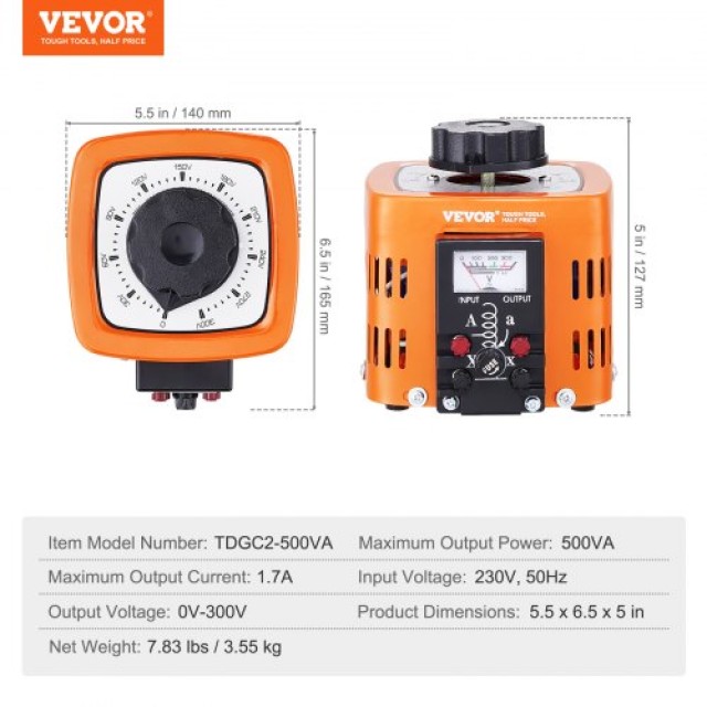 VEVOR  Μετασχηματιστής Ρυθμιστής Τάσης 500VA 1.7A 0-300V AC KBBYQZZBS500JTXI3V7