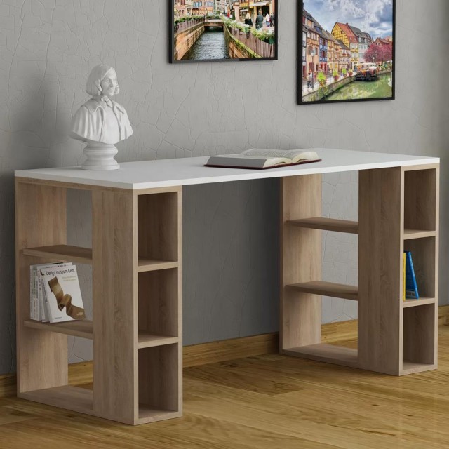 BAKAJI Γραφείο Βιβλιοθήκη 6 Ραφιών Τραπέζι Υπολογιστή Ξύλινο Οικία Γραφείο Δρυς 02813640