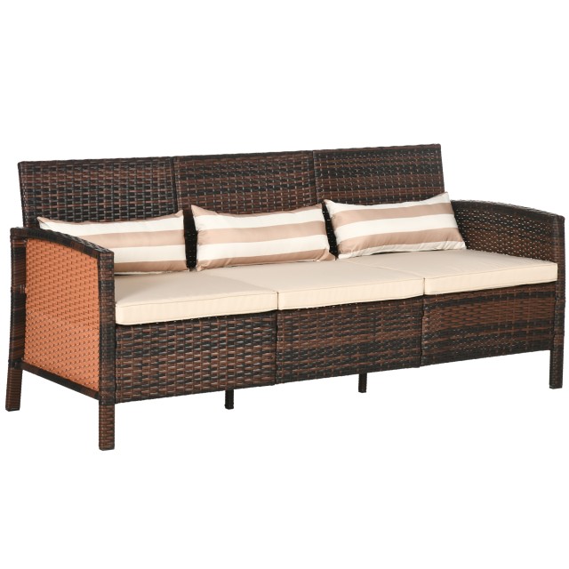Outsunny Τριθέσιος Καναπές Εξωτερικού Χώρου από Rattan PE με Αφαιρούμενα Μαξιλάρια, 173x68x78 cm, Καφέ 860-085BN