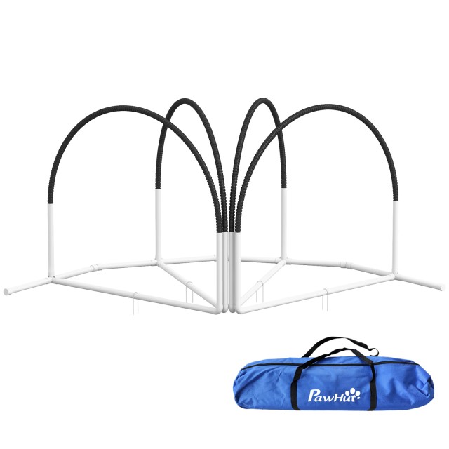 PawHut Σετ Agility Σκύλου 4 Τεμαχίων με 4 Πάσσαλους και Τσάντα Μεταφοράς, 89x69x99 εκ., Άσπρο και Μαύρο D07-042V00BK