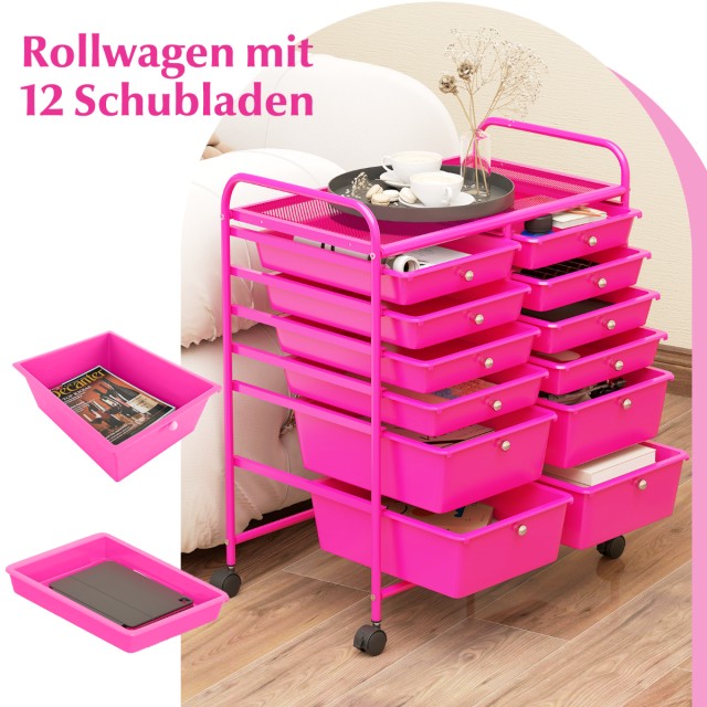 Costway Ροζ Τροχήλατος Μεταλλικός Συρταριέρας με 12 Στοιβαζόμενα Συρτάρια και Επιφάνεια αποθήκευσης HW56500HP