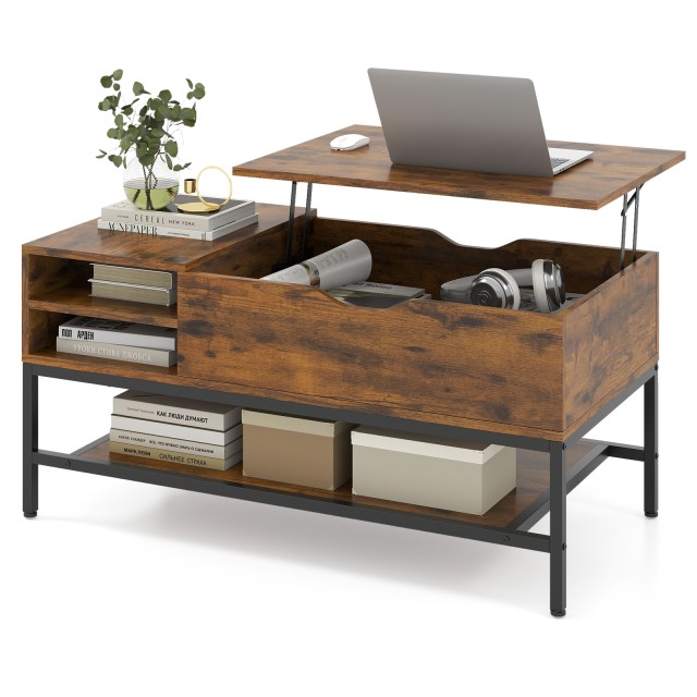 Costway Ρυθμιζόμενο Ξύλινο Τραπεζάκι Σαλονιού με Κρυφή Θήκη και Επιφάνεια σε Καφέ Απόχρωση JV13418CF