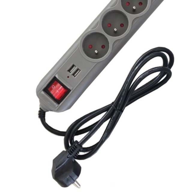 Πολύπριζο με 5 Υποδοχές + 2 Θύρες USB & Καλώδιο 1,5m Γκρι KD-4033