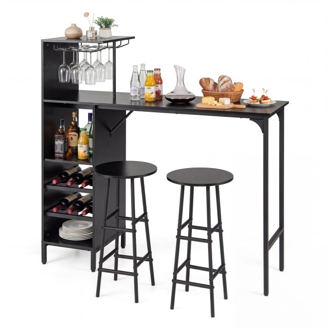 Costway Σετ τραπεζιού μπαρ με 2 σκαμπό για 2 άτομα, με πλαϊνό ράφι και θήκες κρασιού, μαύρο JV13615DK