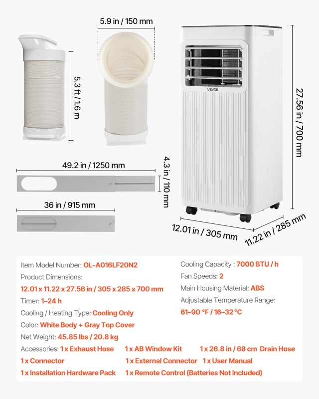 VEVOR Φορητό Κλιματιστικό 7000 BTU / 2 kW 3 σε 1 με Οθόνη Αφής LED, Τηλεχειριστήριο και Χρονοδιακόπτη 24 Ωρών, Λειτουργίες Ψύξης, Αφύγρανσης και Ανεμιστήρα, Λευκό, Ενεργειακή Κλάση A BXSKDOZKDL709AKMP001V2