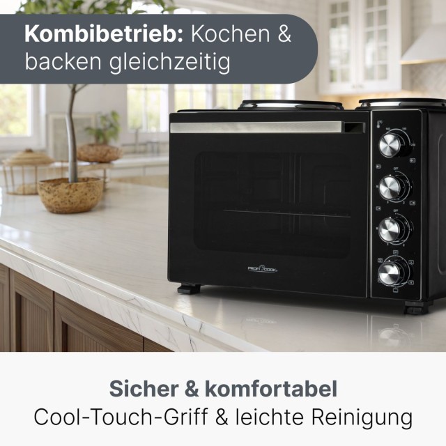 Πολυλειτουργική Κουζίνα με Φούρνο, Περιστρεφόμενη Σούβλα και 2 Εστίες – Μαύρο PC-KK1302-Black Proficare