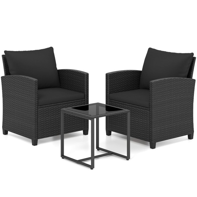 Costway Σετ επίπλων κήπου ρατάν με 2 καρέκλες, μαξιλάρια και γυάλινο τραπέζι, μαύρο NP13173DK