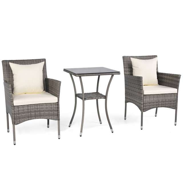 Costway Σετ Επίπλων Κήπου 3 Τεμαχίων για Μπαλκόνι με 2 Καρέκλες Ρατάν και Τραπέζι με Διπλό Ράφι από Σκληρυμένο Γυαλί, Μπεζ HW76012WH